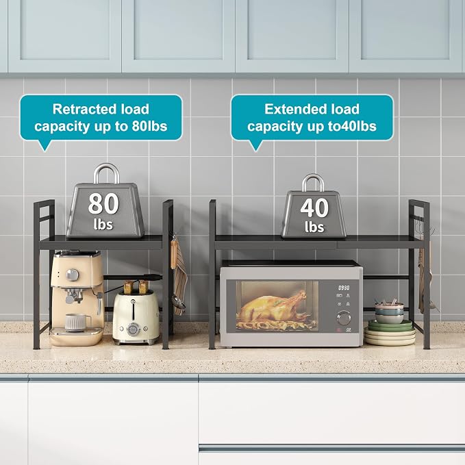 DOLALIKE Microwave Oven Rack, Expandable Microwave Stand Countertop Kitchen Utensils Tableware Storage, Carbon Steel Over Microwave Shelf Countertop with 3 Hooks (Pack of 2) - Image 7