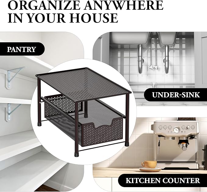 Simple Houseware Stackable Under Sink Sliding Basket Drawer, Brown | Perforated Free Standing Organizer, Kitchen/Pantry/Cabinet/Counter - Image 8