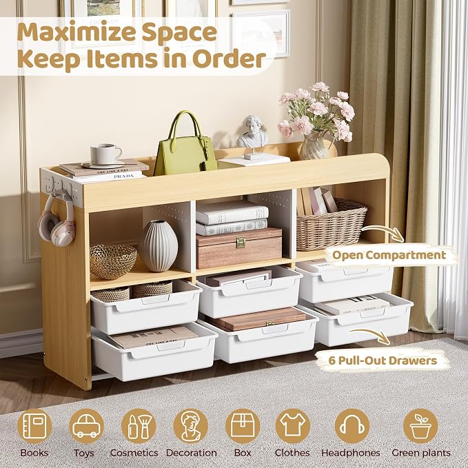 Classroom Storage Organizer with 6 Bins, 3 Shelves and Pegboard, White | 6 pull-out bins, 3 open cubbies, child-height access, easy-clean storage for Kid room,playrooms, classrooms and craft rooms - Image 3