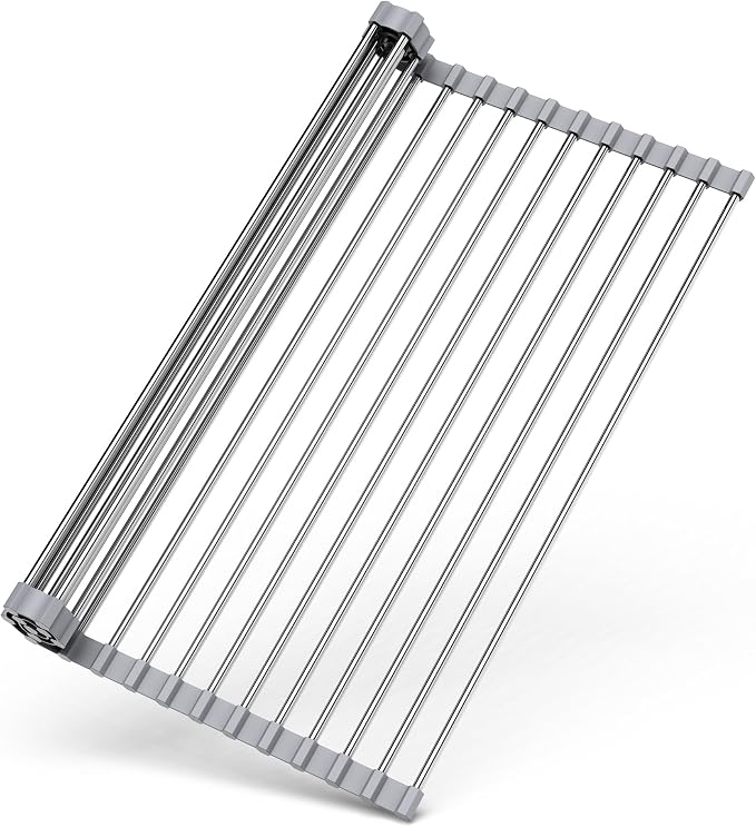 Roll Up Dish Drying Rack Over Sink, 17" x 15.7", Stainless Steel with Non-Slip Silicone Ends, Gray by Unknown