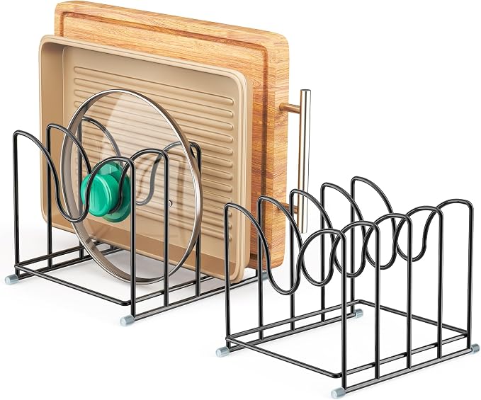 Pot Lid Organizer Rack,1.6in Wide Cutting Board Organizer for Pan Lids,Baking Sheets,Cookie Sheets, with 4 Slots,Cutting Board Holder Rack (2PC-Large) by PLUVON