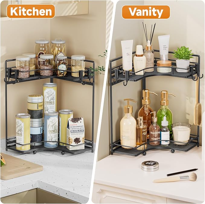 VITVITI 2-Tier Corner Bathroom Counter Organizer, Bathroom Countertop Organizer Storage for Sink, Metal Mesh Makeup Organizer for Vanity Countertop Kitchen with Hooks, Black - Image 5