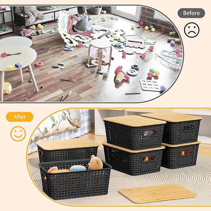 6 Pack Plastic Storage Baskets, Black bamboo lid storage Box | Labels, Stackable, For Organizing Shelves Pantry Drawers Desktop Closets Organizing Desktop Closet Playroom Classroom - Image 5