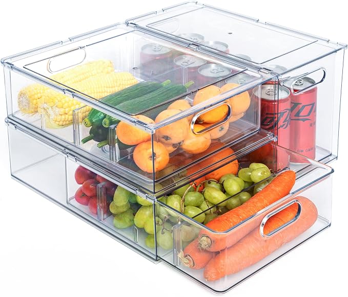Mano 3PackFridge Drawer Pull Out Stackable Bins with Handle Clear Refrigerator Drawers Organizer Food Storage Container Box with Dividers Plastic Produce Saver for Pantry, Cabinet, Kitchen（2L+1XL） - Image 8