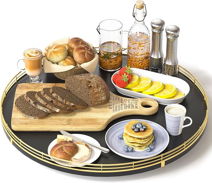 Oroyutor 16-Inch Oak Lazy Susan Organizer with Gold Rail and Black Finish | Oak wood base, gold metal rail and smooth 360-degree rotation for dining tables, kitchen counters and spice storage. by Oroyutor