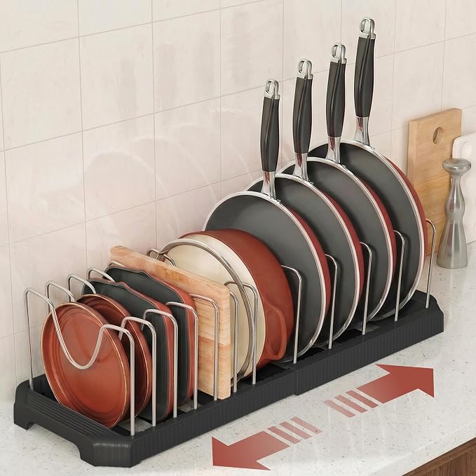 Expandable Pan Organizers Inside Cabinet with 12 Dividers Black | Extends 12.9-21.9", Holds cookie sheets, cutting boards, pot lids and pans, iron dividers, plastic base, under cabinet rack - Image 2