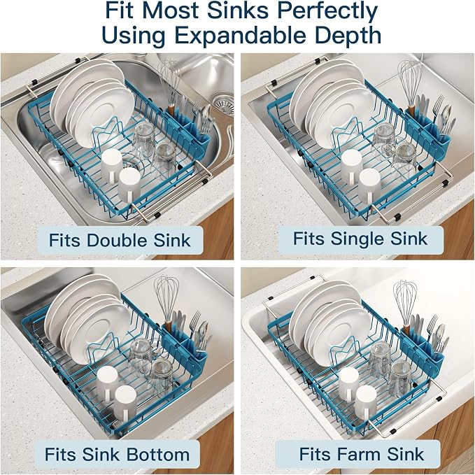 Blue Dish Drying Rack Over The Sink with Utensil Holder | Expandable Stainless Steel Dish Drainer for Small Kitchen, Apartment, RV, Counter Space Saving, Perfect Fit, Rustproof - Image 4