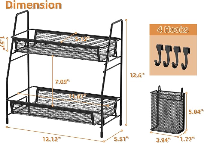2 Tier Bathroom Countertop Organizer, Vanity Storage Shelf, Small, Black | Bathroom Counter Organizer, Vanity Makeup Tray Shelf, Kitchen Spice Rack, Metal Wire Mesh, with Basket Hooks - Image 6