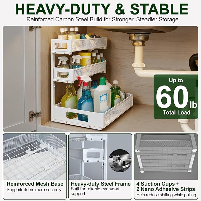 3 Tier Under Sink Organizer,1 Pack Pull Out Cabinet Shelves with Adjustable Height,Heavy Duty Carbon Steel L-Shaped Storage for Kitchen Bathroom Sink,Pantry & Laundry,White - Image 4