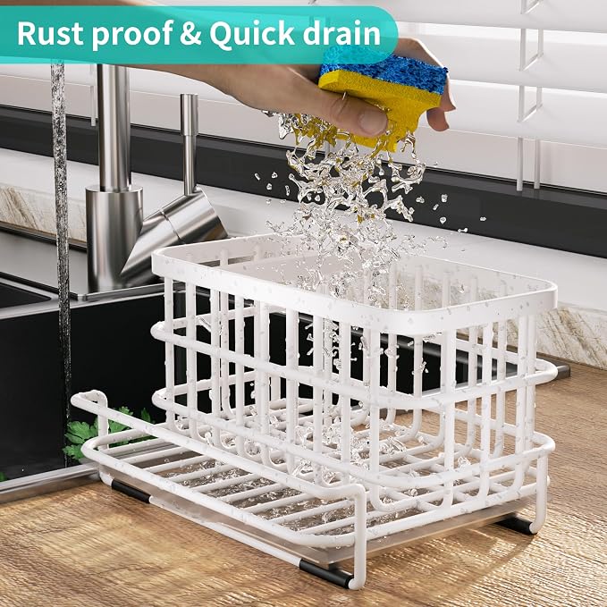 HapiRm Sink Caddy Sponge Holder - Kitchen Sink Organizer with Drain Tray, SUS304 Stainless Steel Rustproof Sponge Caddy Storage for Kitchen Countertop- White - Image 2