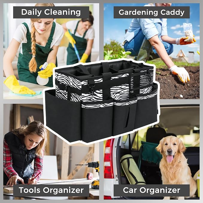 SCAVATA Wearable Cleaning Caddy, Cleaning Caddy Supplies Organizer with Handle & Shoulder Straps for Housekeepers, Under Sink & Car Cleaning Tool Organizers Bag with 4 Foldable Divider (ZebraStripe) - Image 7