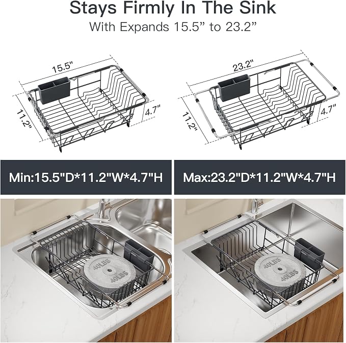 Grey Dish Drying Rack Over The Sink with Utensil Holder | Expandable Stainless Steel Dish Drainer for Small Kitchen, Apartment, RV, Counter Space Saving, Perfect Fit, Rustproof - Image 3