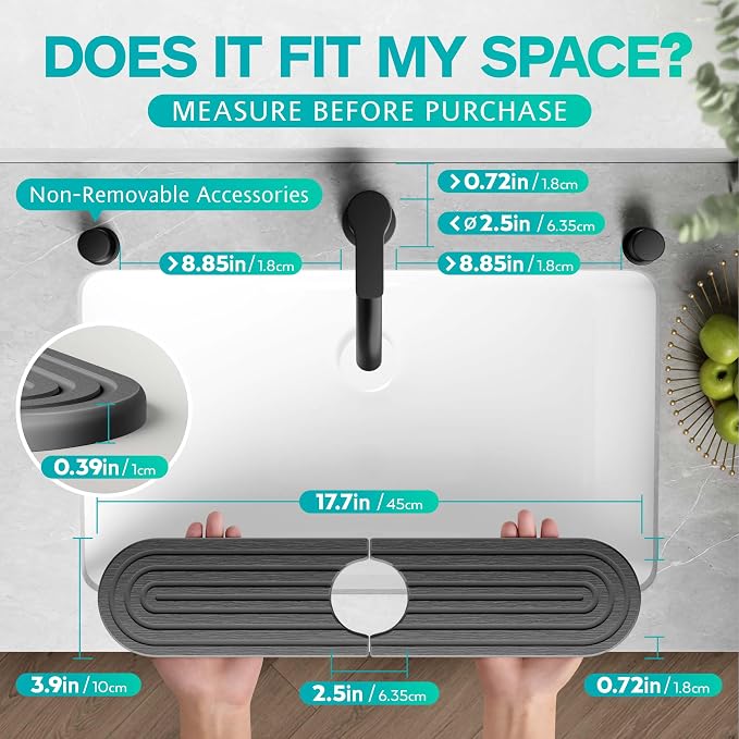 Stone Faucet Mat for Kitchen Sink – Diatomite Fast-Drying Stone Tray, Faucet Mat Sink Splash Guard, Decorative Sink Protector for Kitchen Bathroom Counter [Dark Gray, 17.7''x3.9''] - Image 2