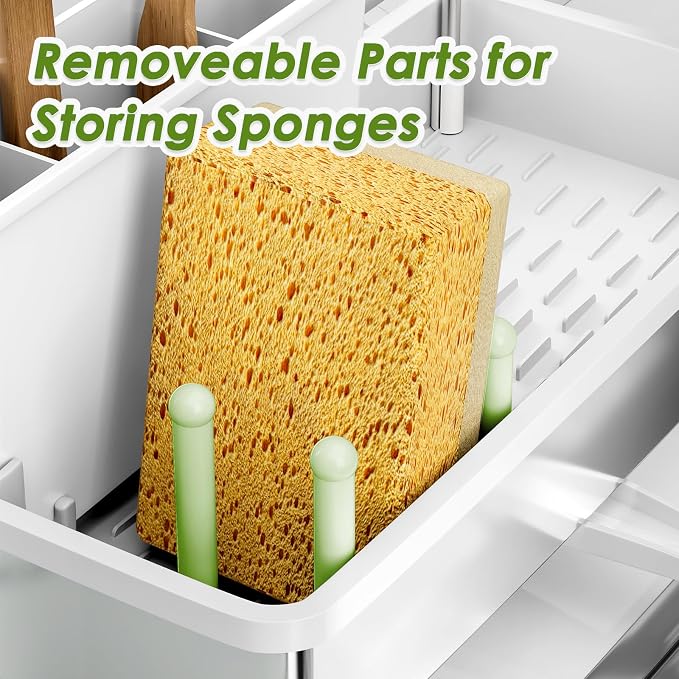Ewaiira Stainless Steel Sink Caddy, Sponge Holder for Kitchen Sink 9.8″ | with Brush Holder & Dishcloth Rack, Rustproof Organizer Countertop, Soap Kitchen Organizers Storage Essentials, White - Image 9