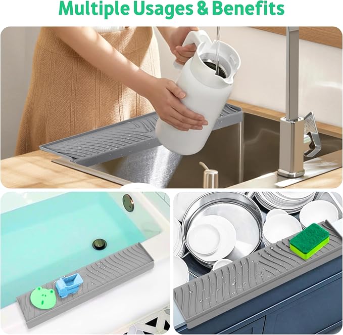 Silicone Sink Edge Protector and Splash Guard with Matching Drain Strainer, 24 Inch Countertop Chip Guard for Kitchen and Bathroom, 62 Suction Cups, Heat Resistant to 446°F, Gray - Image 5