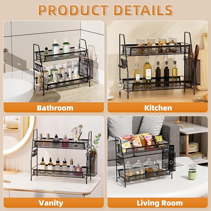 VITVITI 2 Tier Bathroom Countertop Organizer, Vanity Storage Shelf, Black | Bathroom Counter Organizer, Vanity Makeup Tray Shelf, Kitchen Spice Rack, Metal Wire Mesh, with Basket Hooks - Image 2
