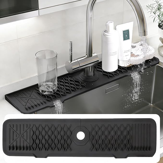 24 Inch Silicone Faucet Mat for Kitchen Sink, 7° Slope Fast Self-Draining Sink Splash Guard, Kitchen Sink Water Catcher Organizer, Kitchen Sink Accessories (Black, 24''x5.6'') by EBIGIC