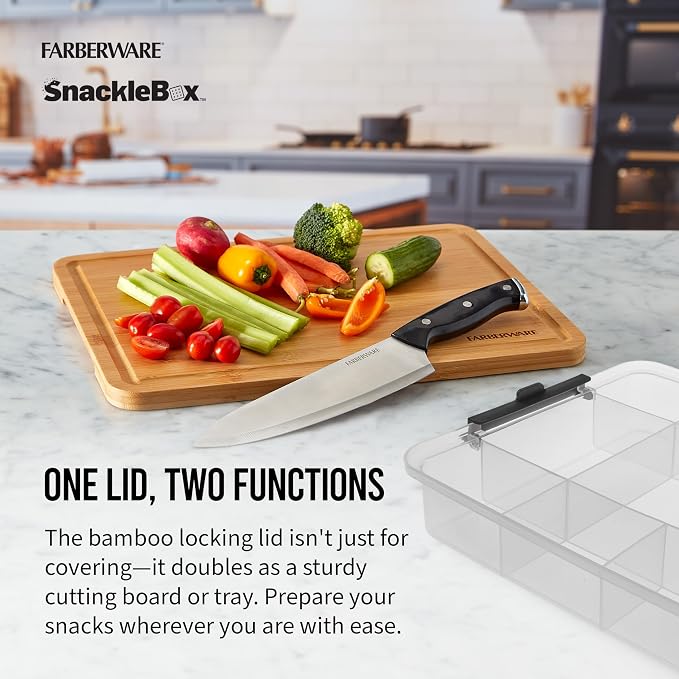 Farberware Snacklebox 11x16 Inch Bamboo Cutting Board Lid with 11-Compartment PP Snack Box, Locking Handles for Travel - Charcuterie Board with Lid for Picnics, Road Trips, and Outdoor Entertaining - Image 5