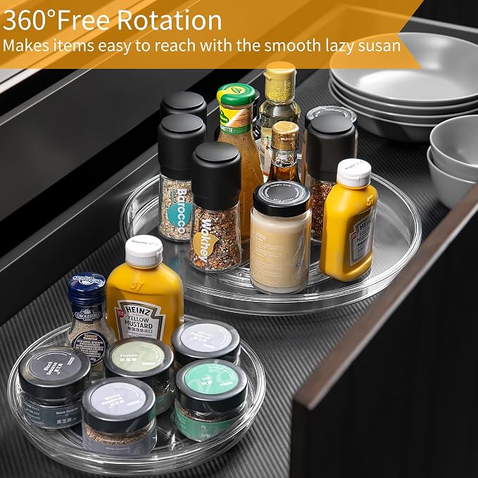 2-Pack 13Inch Lazy Susan Cabinet Organizer, Plastic Rotating Organizer Spice Rack Condiment Organizer for Pantry, Countertop, Cupboard, Refrigerator-Clear - Image 3
