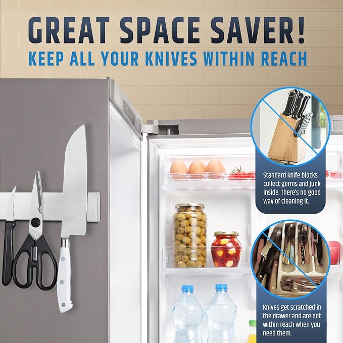 22" Premium Magnetic Knife Holder for Refrigerator (Double-Sided Heavy-Duty Magnets) - Upgraded Strip for Strong Fridge Mount - Clear Up Counter Space - 304 Anti-Rust Stainless Steel (Upgraded Design) - Image 7