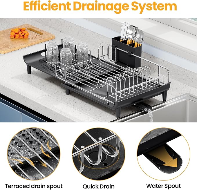 TOOLF Expandable Dish Drying Rack for Kitchen Counter, Black | Collapsible 16.7"-26.8", Stainless Steel Dish Dryer Rack Drainer for RV, Apartment, with Cutlery Holder, Fits for 3-4 People - Image 5