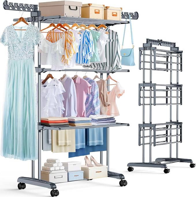Upgraded 4-Tier Clothes Drying Rack, Drying Rack Clothing with Wheels | Large Foldable Laundry Drying Rack, Clothes Rack with Side Hooks for Indoor Outdoor Air Drying, 19.68"D x 29.9"W x 67.7"H by Unknown