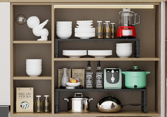 Jojocross Expandable Adjustable Stackable Kitchen Organizer, Spice Rack,Metal Pantry Storage Shelves Racks,Counter Shelf for Cabinets, Countertop, Cupboard(2 Packs/Medium/Black) - Image 5