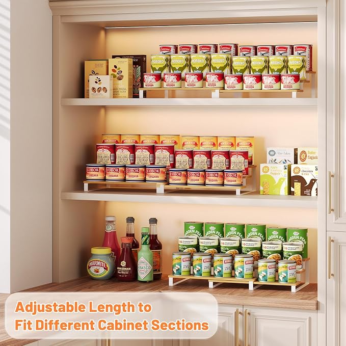3-Tier Expandable Bamboo & Iron Can Organizer, Holds 30 Cans, White | Adjustable Can Organizer Rack for Pantry & Cabinets, Easy-Access Storage for Soda & Soup Cans, Assembly Required, White - Image 2