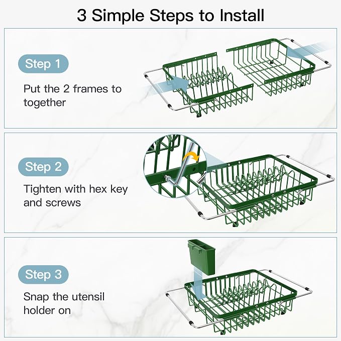 JASIWAY Green Dish Drying Rack Over the Sink with Utensil Holder | Expandable Stainless Steel Dish Driainers for Small Kitchen, Apartment, Counter Space Saving, Fast Drain, Rust Resistant - Image 8