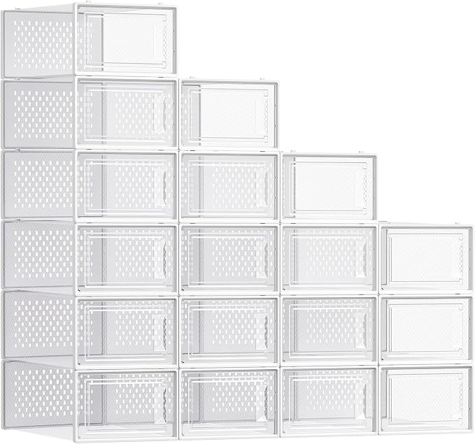 SONGMICS Shoe Boxes, Pack of 18 Shoe Storage Organizers, Stackable Clear Plastic Boxes for Closet, Sneakers, 13.1 x 9.1 x 5.6 Inches, Transparent and White ULSP18SWT by Unknown