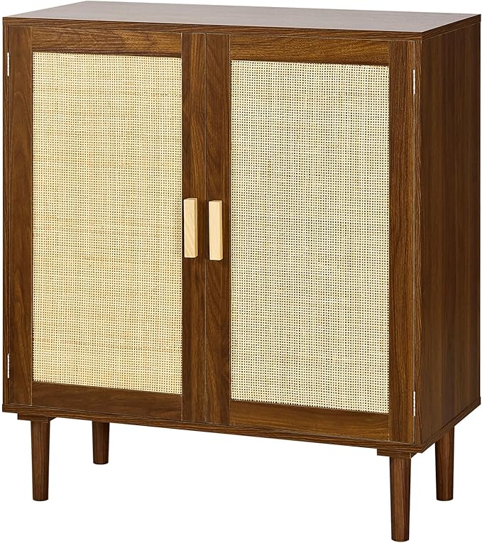 VEVOR Rattan Cabinet, Rattan Storage Cabinet with 2 Magnetic Doors and Adjustable Shelves, Accent Sideboard Buffet with Wooden Legs & Power Cord Hole for Hallway, Entryway, Living Room, Kitchen, Brown by VEVOR