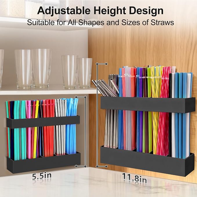 9.5” Large Acrylic Straw Holder for Cabinet Door, Adjustable Two-Part | Reusable Straws Organizer with Ultra Sticky Adhesive Strips, 2026 Straw Storage for Kitchen Cupboard (Black) - Image 2