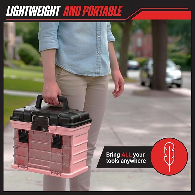 Stalwart Portable Tool Box for Women or Men, Pink, 10 x 7 x 10.5in | Small Parts Organizer with Drawers and Customizable Compartments for Hardware, Fishing Tackle Box, Beads or Crafting Supplies - Image 5