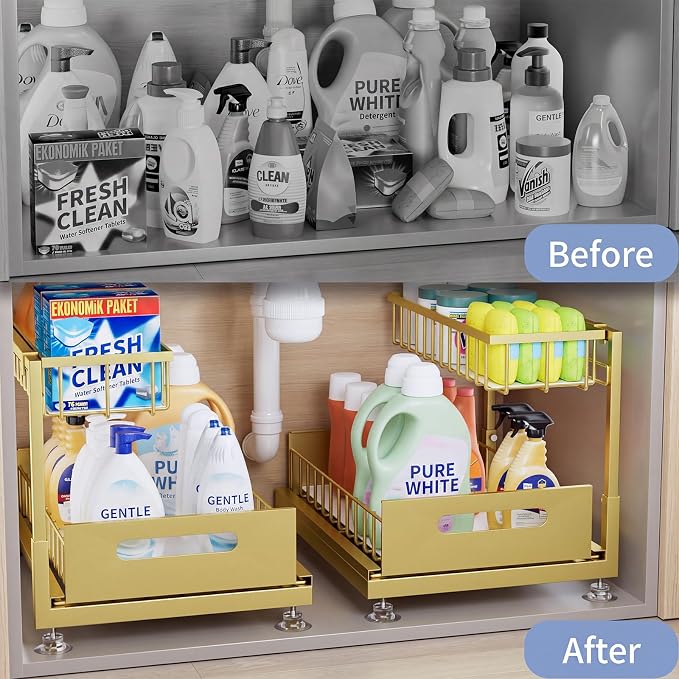 L-Shaped Under Sink Organizer, 2-Tier Pull-out Cabinet Rack 1-Pack | Gold Height-Adjustable Steel Rack, Sliding Grid Drawers with PP Liners, Holds 100 Lbs, Suction Base, Ideal Kitchen Storage - Image 2