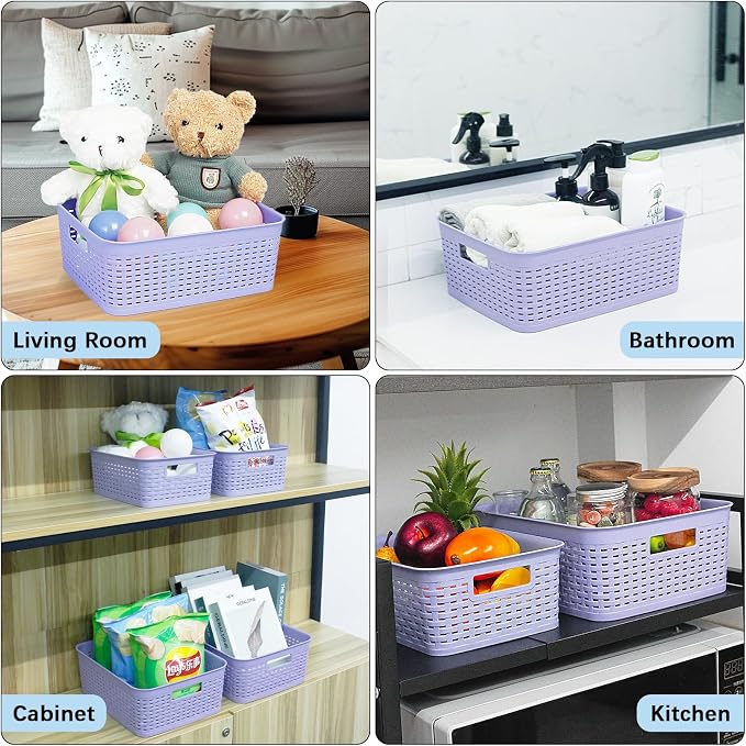 Plastic Storage Baskets for Cabinets, Household Pantry Organization with Handle,Organizer Bins for Room,Bathrooms,Under-Sink,Kitchen (Purple, S-3PACK) - Image 6