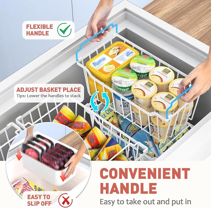 Goovilla Freezer Organizer Bins for 5-7 Cu.FT Chest Freezer,8 Pack White | Foldable Handle Stackable Freezer Baskets, Coated Metal Freezer Storage Bins with Better Space Utilization, Deep Organization - Image 3