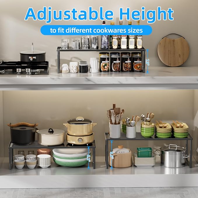 Cabinet Shelf, 1 Pack Expandable Shelf for Kitchen Storage | Stackable & Height Adjustable Cabinet Organizer Shelf | Metal Shelf Organizer | Black Spice Rack for Pantry Storage - Image 8
