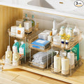 Delamu 2-Tier Under Sink Organizers and Storage, Multi-Purpose Stackable Bathroom Cabinet organizers, Pull Out Kitchen Pantry Organization and Storage with Dividers(3 Pack, Amber) by DELAMU