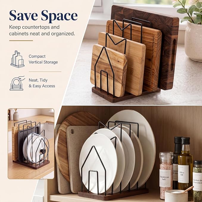 5 Slot Cutting Board Holder for Counter, Black Metal Kitchen Cabinet Organizer with Rustic Brown Wooden Base, Kitchen Countertop Pots Pan Lids Rack Organizer (1 Pc) - Image 6