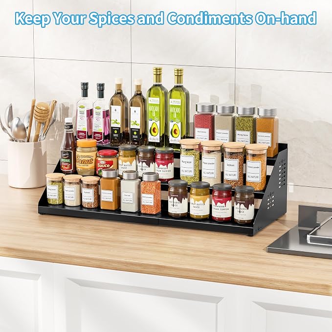 BOIVSHI 3 Tier Spice Rack for Cabinet, Adjustable Shelf, Black | Expandable Width 13"-22" Spice Organizer for Countertop, Step Seasoning Holder Metal Display Shelf for Jars, Pantry Storage - Image 6
