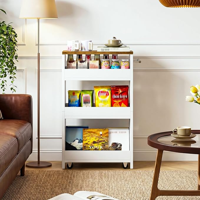 Slim Storage Cart, Slim Storage Rack on Wheels, Rolling Trolley with Handle, Storage Organizer, for Kitchen, Dining Room, Living Room, Laundry Room, White and Walnut MTC01WL - Image 2