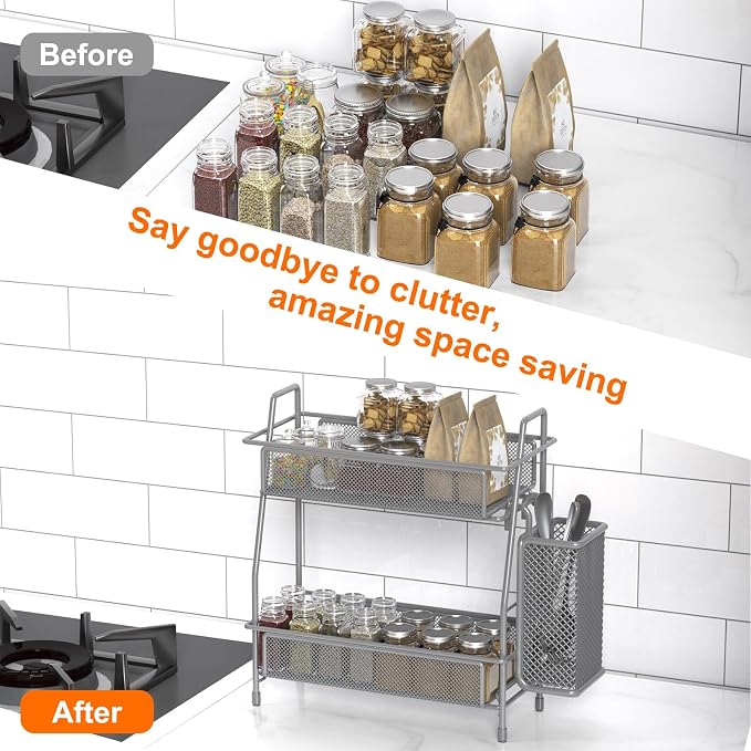 Spice Rack Organizer for Kitchen Counter, Spices Organizer and Storage Seasoning Organizer for Cabinet, Kitchen Metal Countertop Organizer with Side Basket (Grey) - Image 3