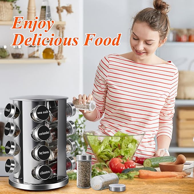 DOUBLE 2 C Revolving Countertop Spice Rack Stainless Steel Seasoning Storage Organization,Spice Carousel Tower for Kitchen Set of 16 Jars (16Jars) - Image 7