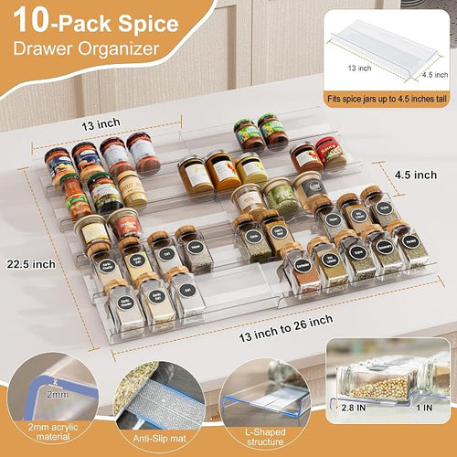 10-Pack Adjustable Spice Drawer Organizer, Expandable Seasoning Rack Tray (13" to 26"), Acrylic Insert with Anti-Slip Mat for Kitchen Cabinet (Jars Not Included) - Image 2