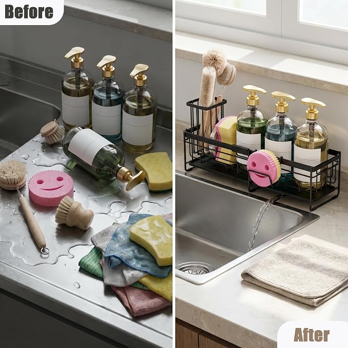 spospo Extendable Sponge Holder for Kitchen Sink Extra Large Sink Caddy | Adjustable Length Sink Caddy Organizer with High Brush Holder, Self-Draining Countertop Organizer - Image 5