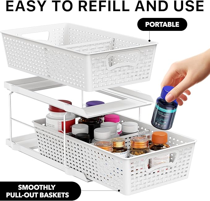 Simple Houseware 2 Tier Pull-Out Sliding Drawer Under Sink Storage, White | Great for Kitchen Bathroom Tray Shelf Organizer - Image 3