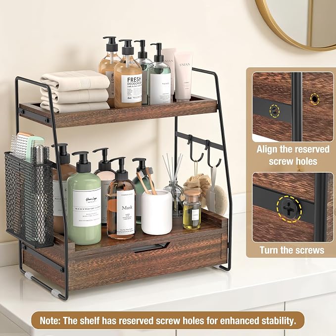 2-Tier Bathroom Counter Organizer with Drawer, Wood Counter Storage Shelf | Bathroom Vanity Organizer Countertop for Makeup, Skincare, Perfume, with Removable Basket, 13.4" x 7.9" x 14.5", Dark Brown - Image 6