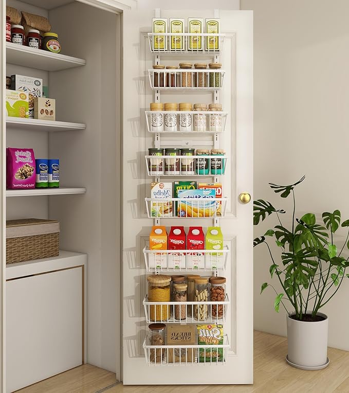 Mefirt White 12 Inch Wide Narrow Over The Door Pantry Organizer | Pantry Hanging Organizers and Storage, Adjustable Heavy-Duty Metal for Home & Kitchen, Back of Door Seasoning Rack by Mefirt