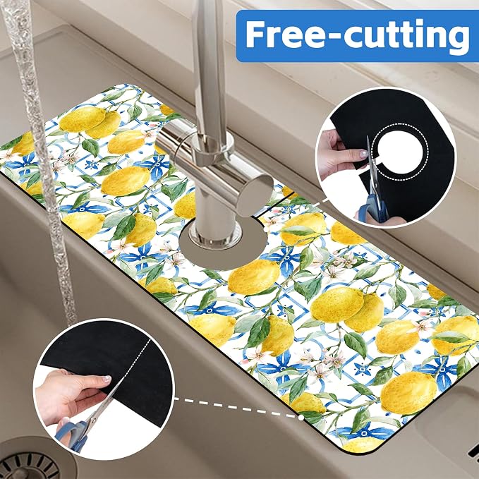 Yellow Lemons and Blue Tiles Sink Faucet Absorbing Mat Splash Guard Behind Faucet Sink Mat Absorbent Fast Drying Faucet Draining Mat for Bathroom Kitchen 5.5"×15" - Image 7