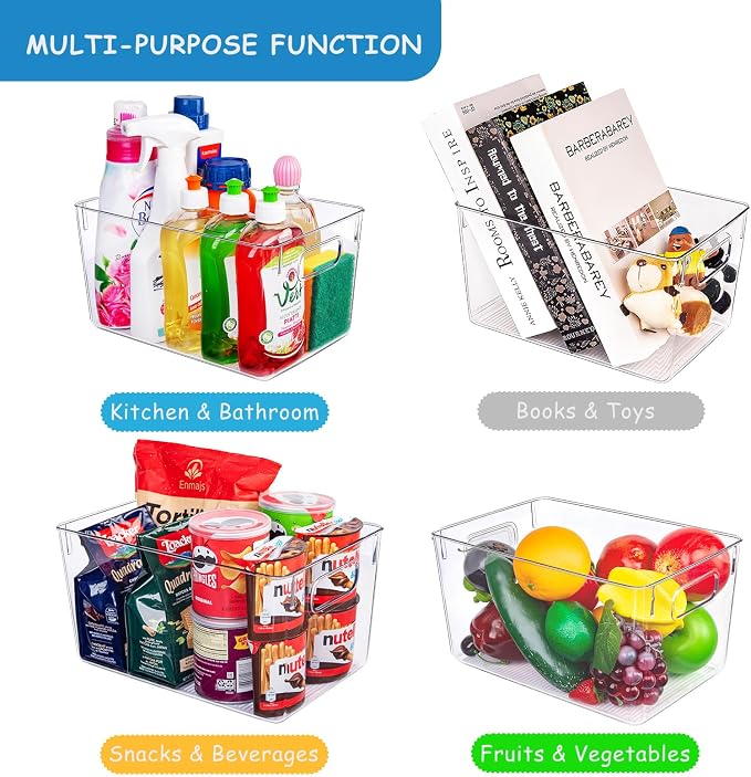 Set of 8 Pantry Organizers and Storage, Clear Plastic Bins(4L+4S) | BPA-free PETG storage containers with handles, ideal for kitchen, fridge, bathroom, cabinet, office, and garage organization - Image 2